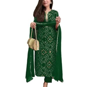 GoSriKi Women's Rayon Blend Straight Bandhej Printed Kurta with Pant & Dupatta
