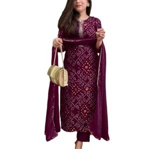 GoSriKi Women's Rayon Blend Straight Bandhej Printed Kurta with Pant & Dupatta