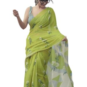 Women Digital Printed Linen Cotton Zari Border Saree with Unstitched Blouse Piece